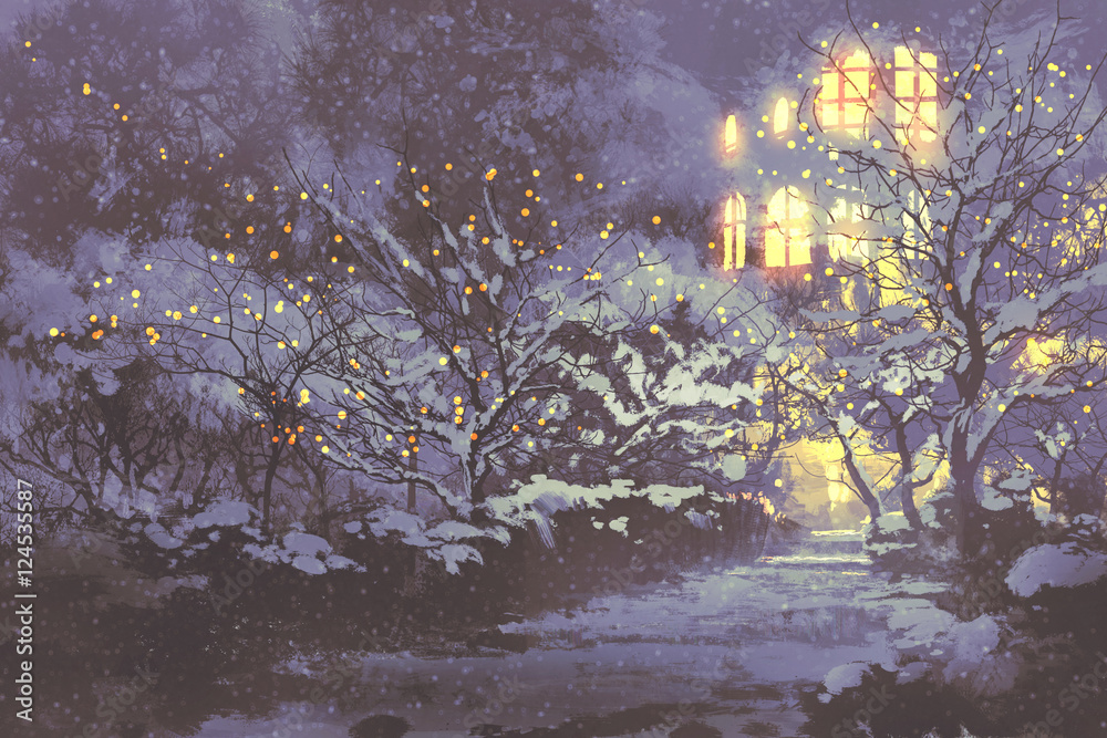 Obraz premium night scenery of snowy winter alley in the park with christmas lights on trees,illustration painting