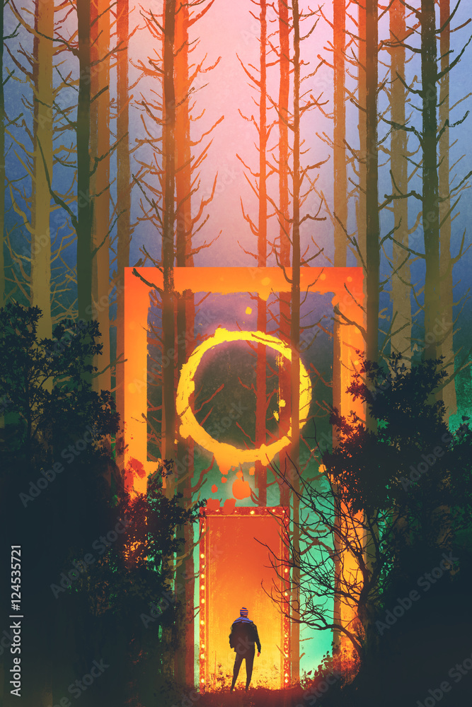 Fototapeta premium man in the enchanted forest with fantasy gate,illustration painting