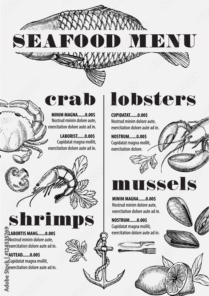 Menu seafood restaurant, food template placemat.