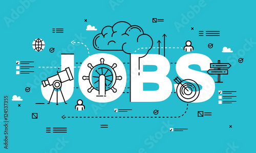 Word JOBS, line flat vector business design for job candidate evaluation, interviewing, assessment, recruiting. Resources and corporate management, hiring, employment, freelance, jobs,career concept 