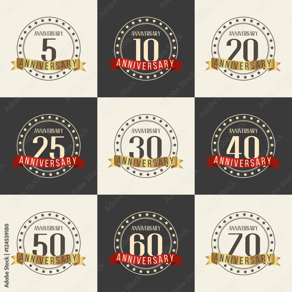 Vector set of anniversary signs, symbols. 5, 10, 20, 25, 30, 40, 50, 60, 70 years jubilee design elements collection.