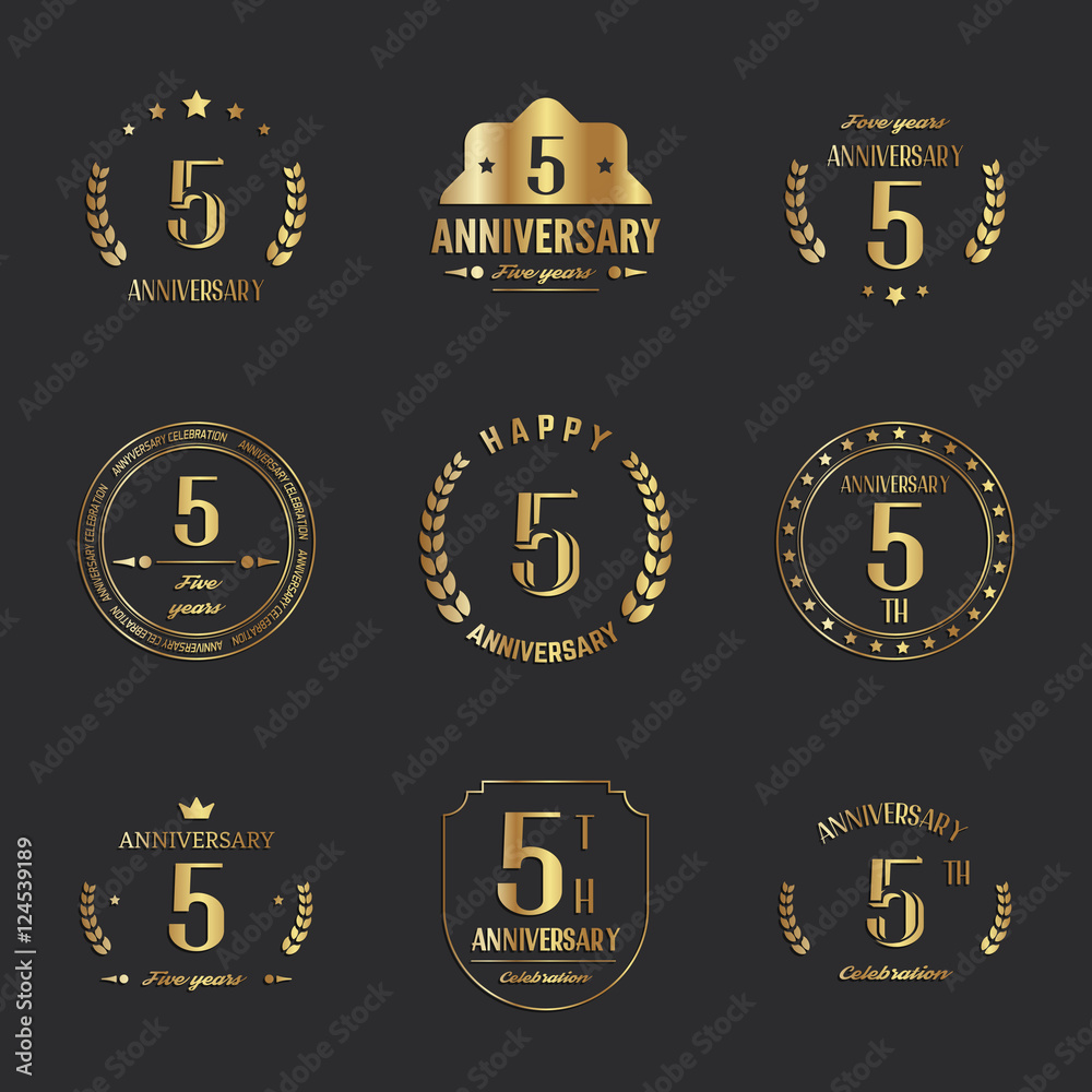 Five years anniversary celebration logotype. 5th anniversary logo set.