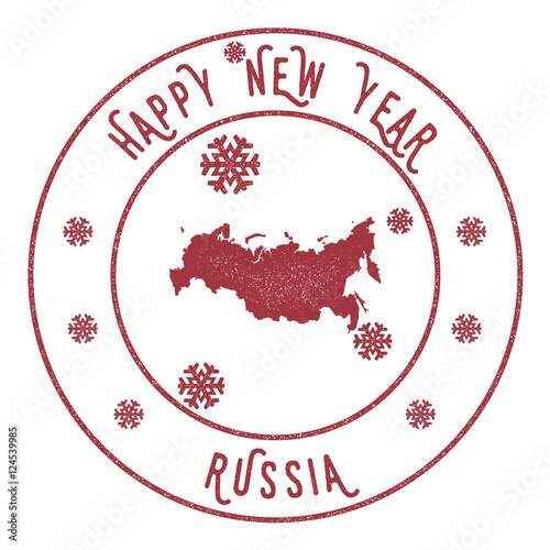 Retro Happy New Year Russian Federation Stamp. Stylised rubber stamp with county map and Happy New Year text, vector illustration.