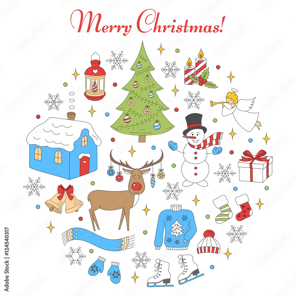 Christmas and New Year holiday  icons set, vector illustrations hand drawn. Christmas tree, reindeer, snowman, snowflakes, angel, candles, village house, bells, lantern and socks isolated.