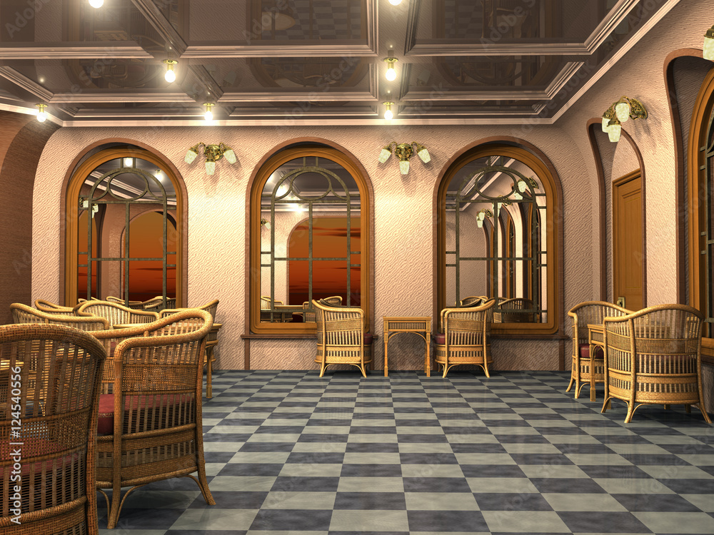 © Veronika - 3d render of calm and empty vintage cafe with sunset mirror reflections and mysterious lights