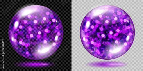 Two transparent spheres filled with violet glowing sparkles with bokeh effect. Spheres with violet sparkles, glares and shadows. For use on dark and light background. Transparency only in vector file