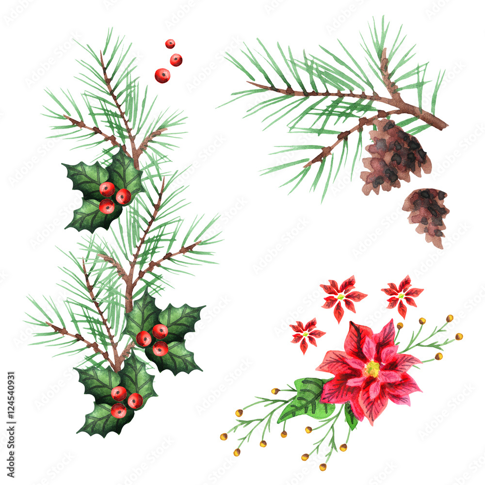 Christmas and New Year decoration set. Watercolor