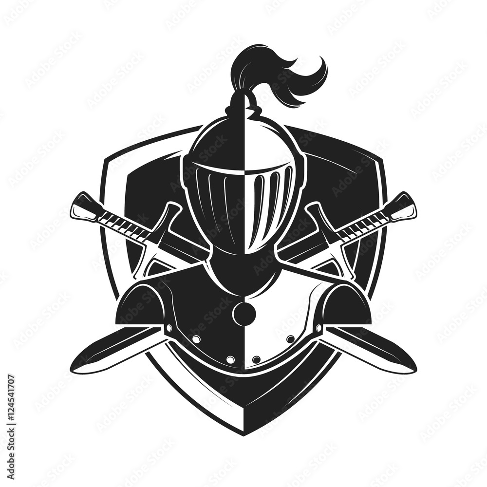 Knight helmet with two swords and shield isolated on white backg Stock ...