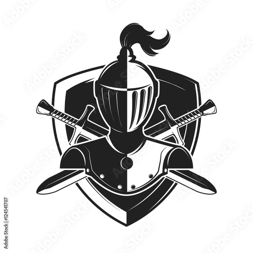 Knight helmet with two swords and shield isolated on white backg