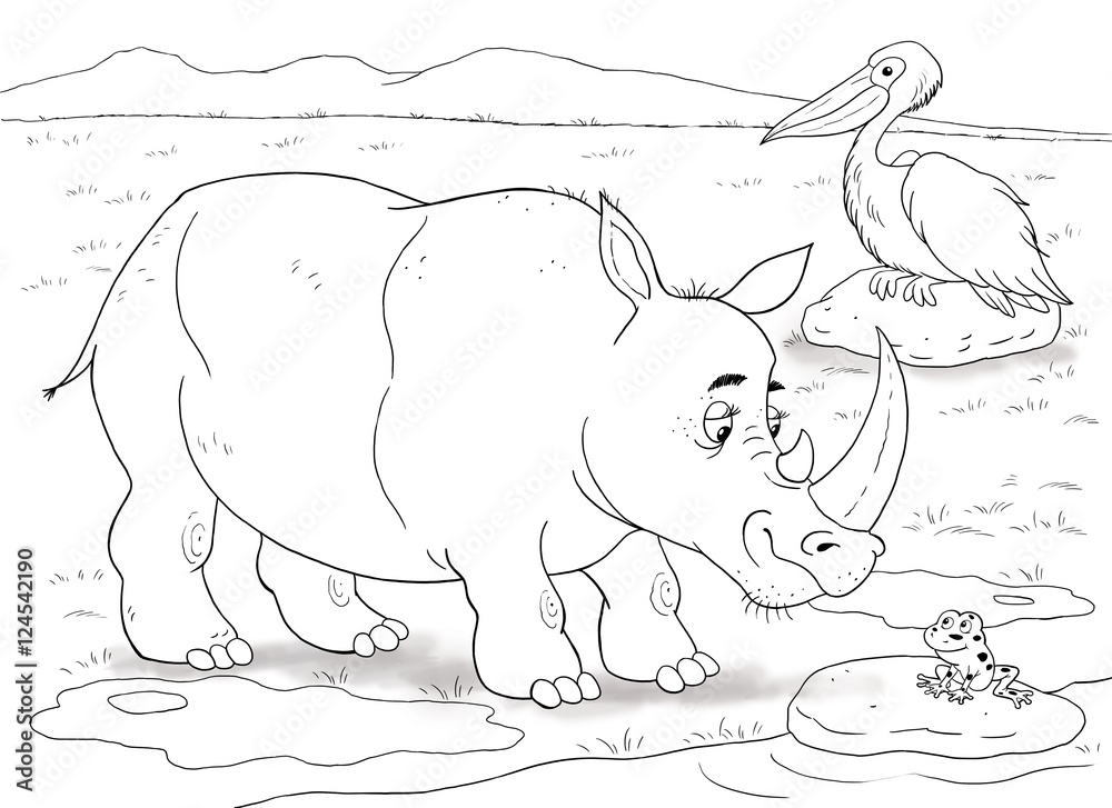 At the zoo. Funny African animals. Cute rhinoceros, pelican and little  frog. Illustration for children. Coloring book. Coloring pages. Cartoon  characters. Stock Illustration | Adobe Stock