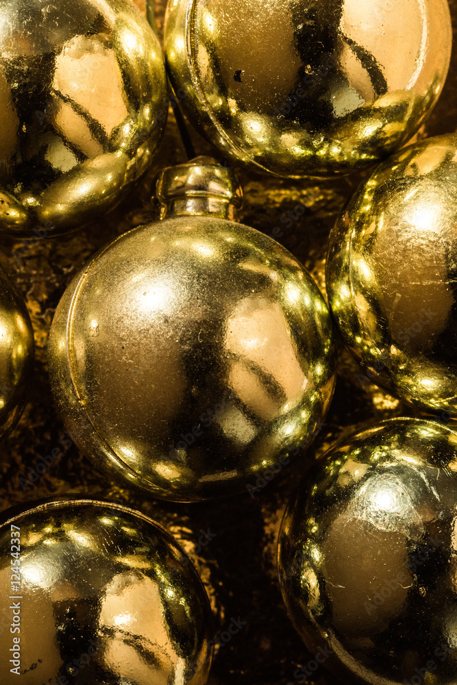 Christmas background with gold Christmas tree decorations
