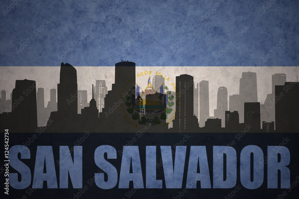 abstract silhouette of the city with text San Salvador at the vintage salvadoran flag