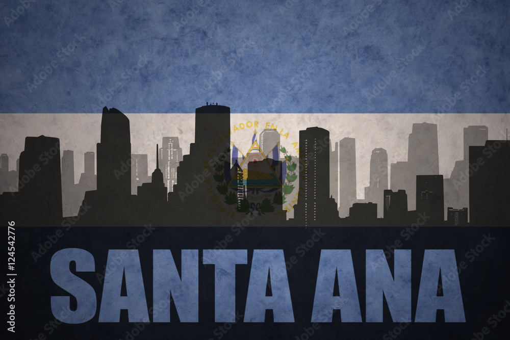 abstract silhouette of the city with text Santa Ana at the vintage salvadoran flag