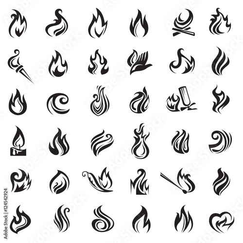 monochrome collection of different fire and flames icons