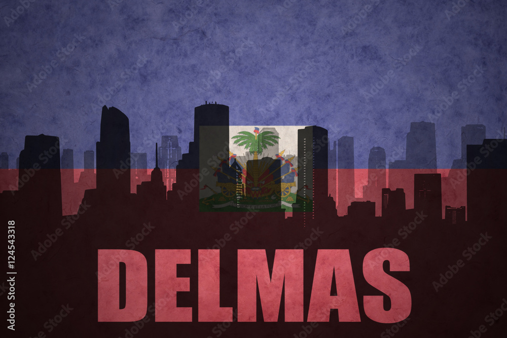 abstract silhouette of the city with text Delmas at the vintage haitian flag