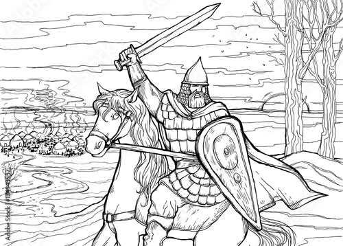 Slavic warrior on horseback preparing to attack the enemy camp
