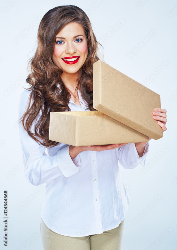 Young woman isolated portrait with open box Young woman isolated portrait with open box