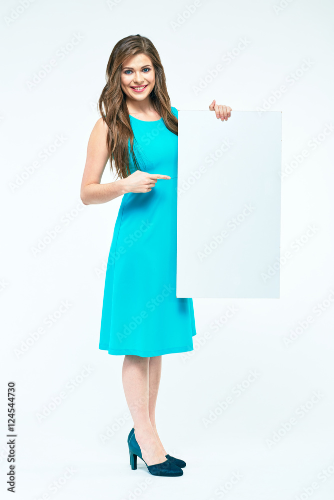 Full body woman portrait. Girl holding white blank board Full body woman portrait. Girl holding white blank board
