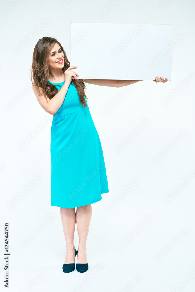 Full body woman portrait. Girl holding white blank board Full body woman portrait. Girl holding white blank board