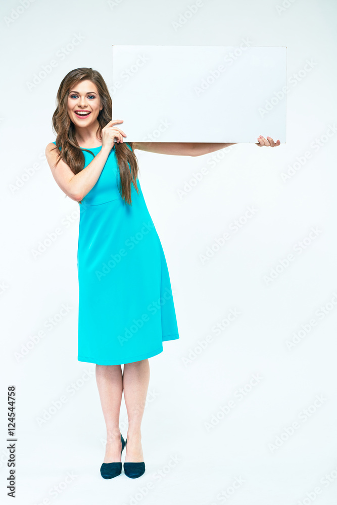 Full body smiling woman portrait. Girl holding white blank boar Full body smiling woman portrait. Girl holding white blank boar