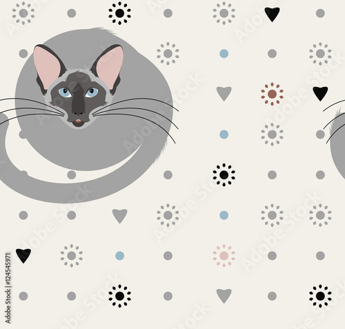 Decorative seamless pattern with cat, flowers, hearts and polka