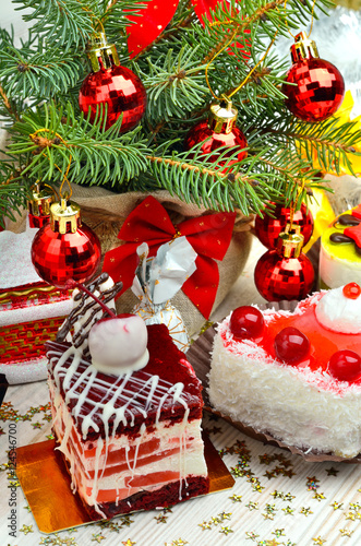 Christmas cakes on christmas background.