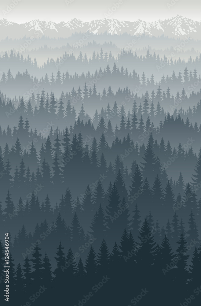 vector mountains forest with fog background texture seamless pattern