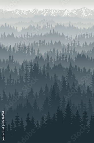 vector mountains forest with fog background texture seamless pattern