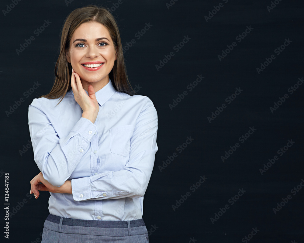 Smiling business woman blue shirt wearing.
