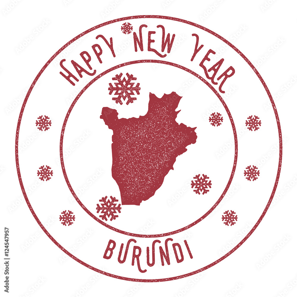 Retro Happy New Year Burundi Stamp. Stylised rubber stamp with county map and Happy New Year text, vector illustration. Retro Happy New Year Burundi Stamp. Stylised rubber stamp with county map and Happy New Year text, vector illustration.