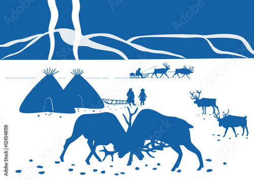 Northern winter landscape with the Chukchi and deer