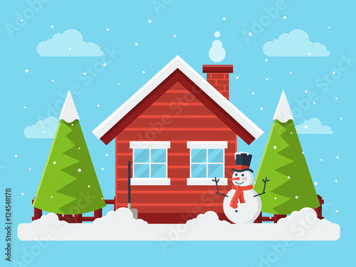 Winter Rural Landscape with Wooden Cottage, Snowman and Pine Tree. Flat Design Style. 