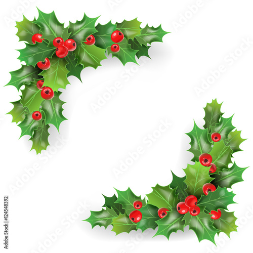 Merry Christmas Holly Berries with Leaves. Winter Holidays Greeting Card Template. Vector illustration