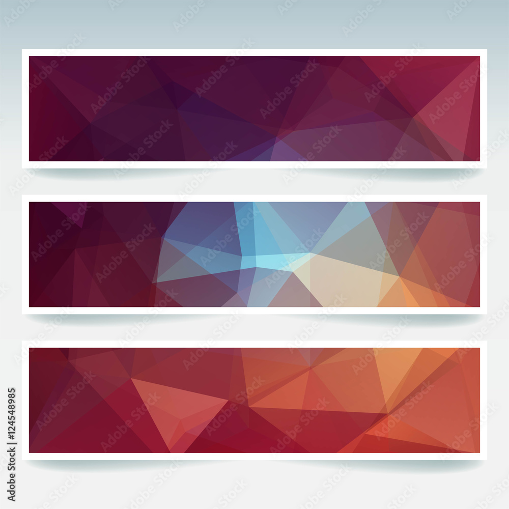 Vector banners set with polygonal abstract brown, blue, orange triangles. Abstract polygonal low poly banners. Vector banners set with polygonal abstract brown, blue, orange triangles. Abstract polygonal low poly banners.