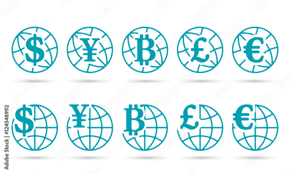 Set of icons globe with different currencies Set of icons globe with different currencies