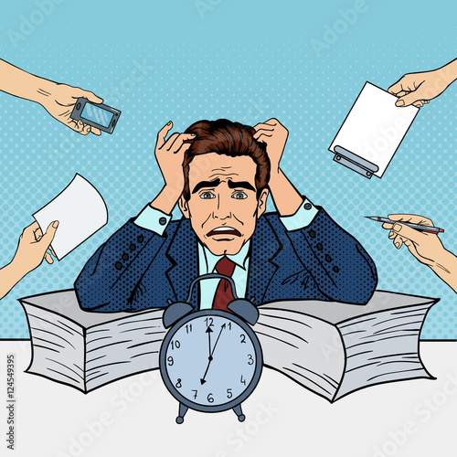 Pop Art Stressed Businessman at Multi Tasking Office Work. Vector illustration