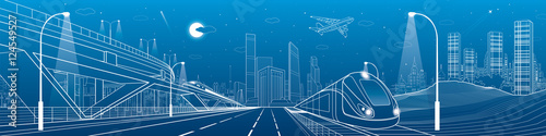 Automobile overpass, infrastructure and transportation panorama, airplane fly, train move on the bridge, business center, night city, towers and skyscrapers, urban scene, vector design art
