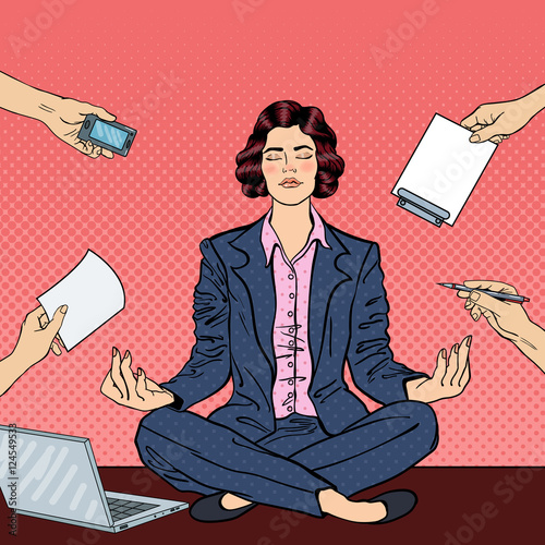 Pop Art Business Woman Maditating on the Table with Laptop at Office Multi Tasking Work. Vector illustration