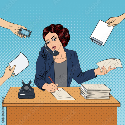 Pop Art Multitasking Busy Business Woman at Office Work. Vector illustration