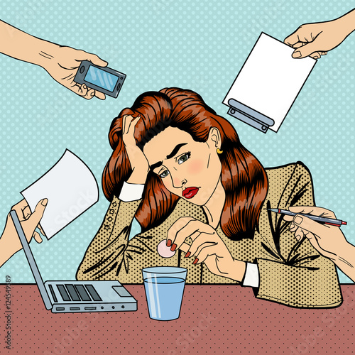 Pop Art Business Woman Drinking Pills at Multi Tasking Office Work. Vector illustration