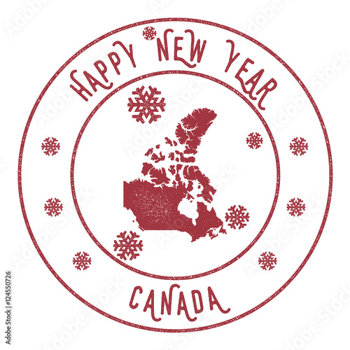 Retro Happy New Year Canada Stamp. Stylised rubber stamp with county map and Happy New Year text, vector illustration.