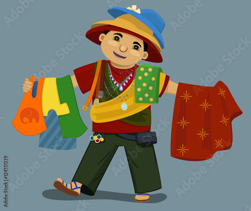 Vector illustration o funny asian street salesman with goods: hat, wear, belt, necklace, trinket. Comic bright character pitchman. Smiling man offers his merchandise.