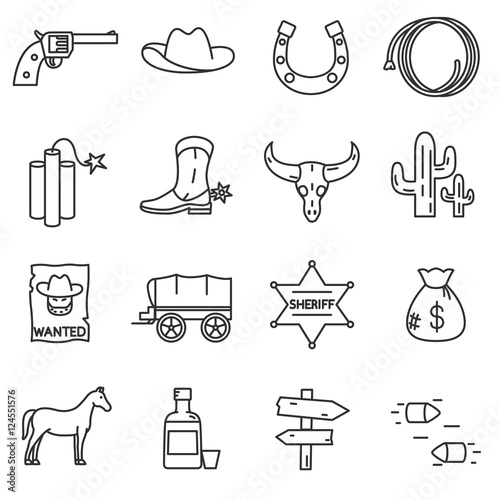 Wild West icons set. elements of the wild west, thin line design. cowboy accessories, linear symbols collection. Attributes American Frontier, isolated vector illustration.