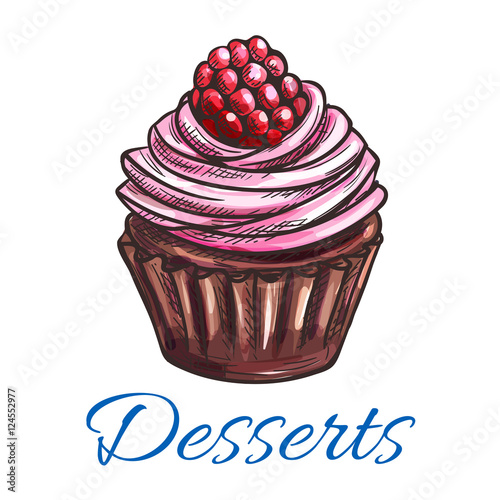 Patisserie dessert emblem. Muffin sketch icon.