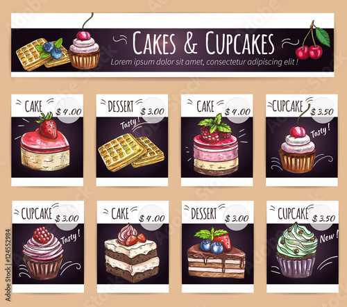 Desserts menu. Sletched cupcakes, cakes prices