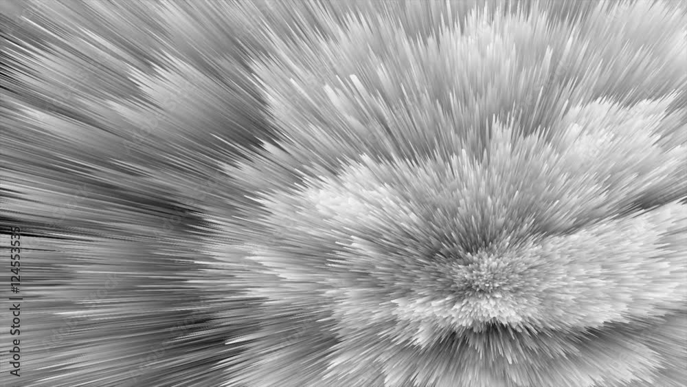Eruption abstracta de nubes de radiacion en blanco y negro
