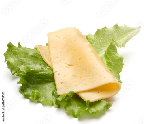 cheese slices  and salad leaves isolated on white background cut