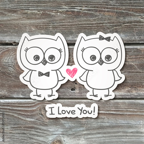 hand drawn owls couple, paper sticker on realistic wood texture photo