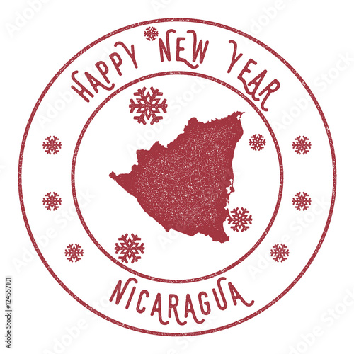 Retro Happy New Year Nicaragua Stamp. Stylised rubber stamp with county map and Happy New Year text, vector illustration.