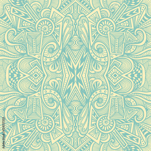 Abstract seamless pattern  in  Zen tangle or Zen doodle style  in beige light blue